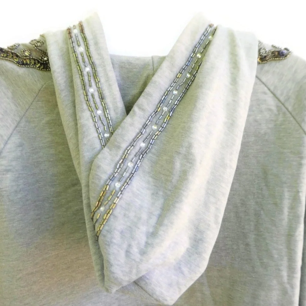 Love Sam Anthropologie Sweatshirt Hoodie Embellished Heavy Beads Heather Gray M